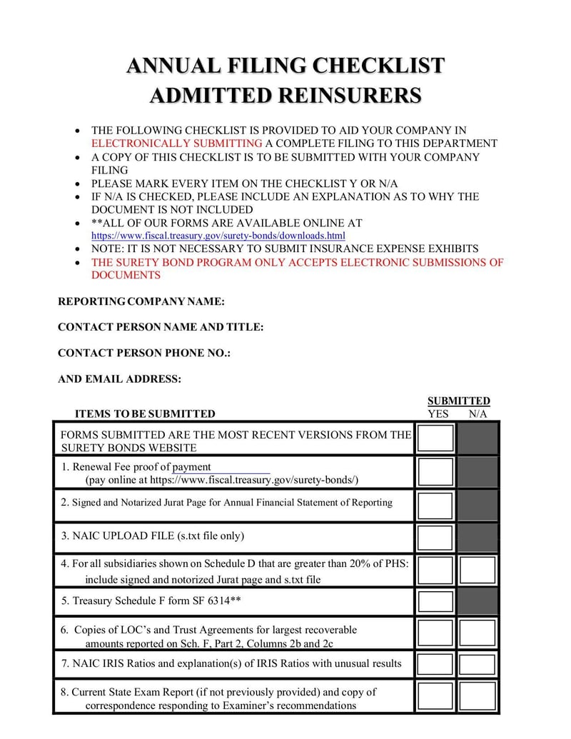 Thumbnail of Annual Filing Checklist Admitted Reinsure Form - Dec 2021 - page 0