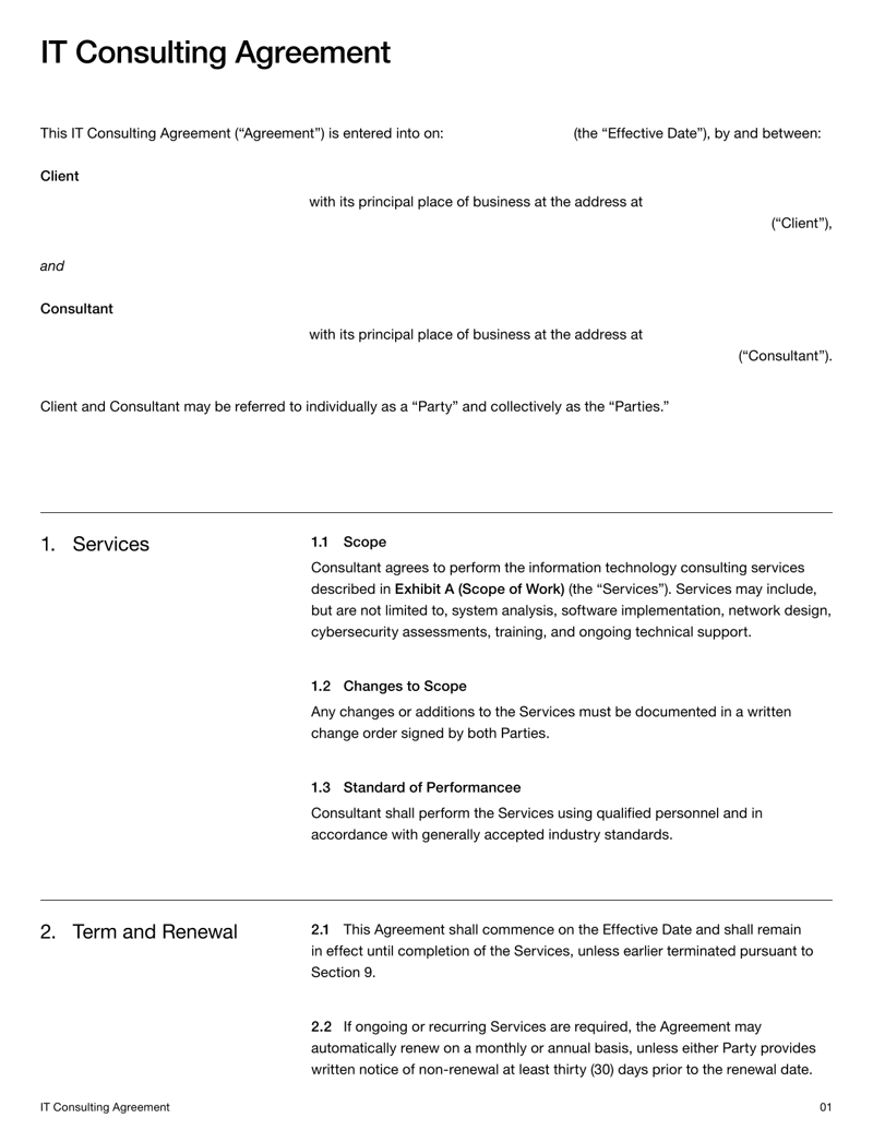 IT Consulting Agreement covering services, compensation, confidentiality and dispute resolution