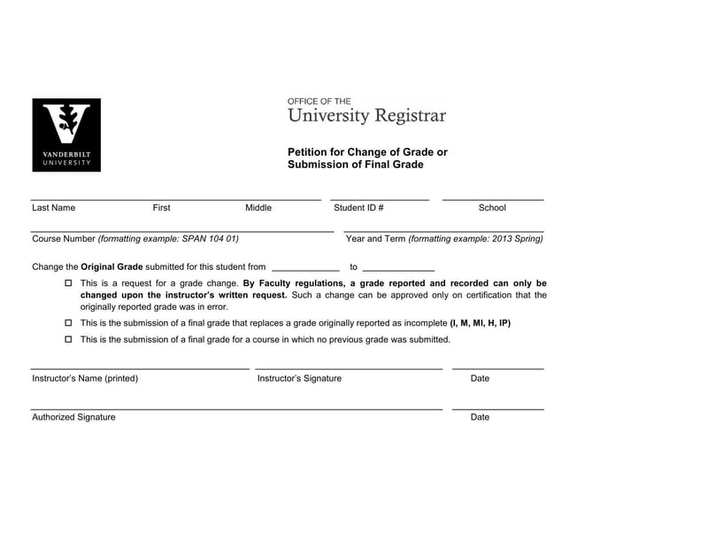 Large thumbnail of Vanderbilt University Petition for Change of Grade or Submission of Final Grade