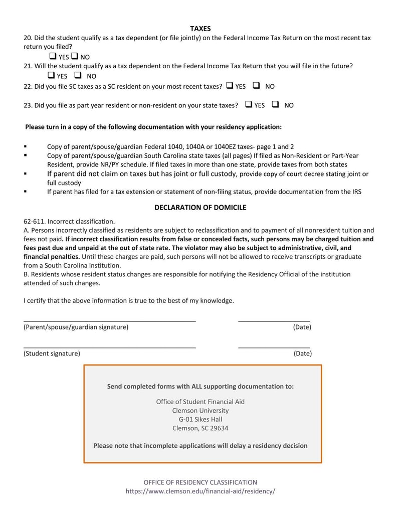 Large thumbnail of Clemson University Residency Application Dependent Form