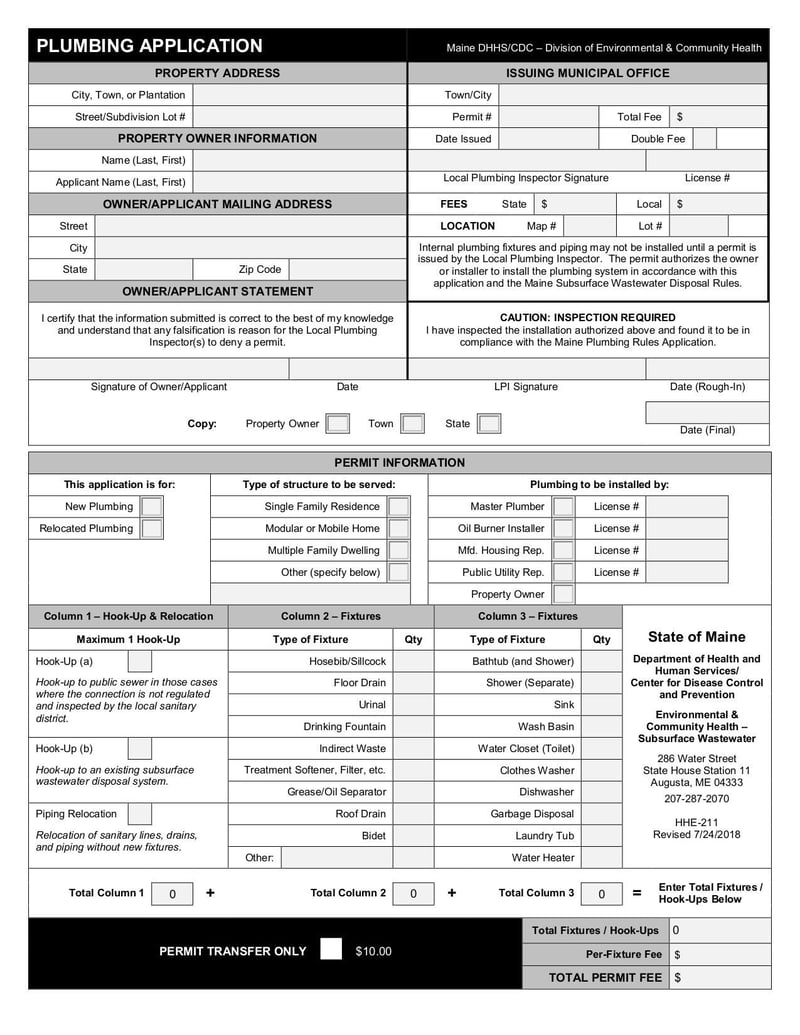 Thumbnail of HHE 211 Plumbing Application Form - Jul 2018 - page 0