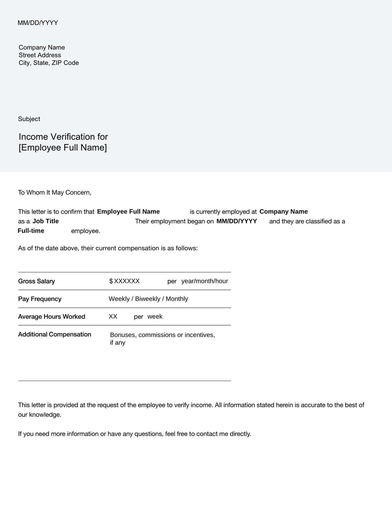 Income Verification Letter for confirming an employee’s earnings for financial or legal purposes