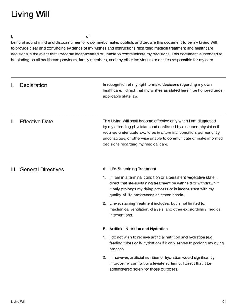 Living Will for stating healthcare preferences in end-of-life situations