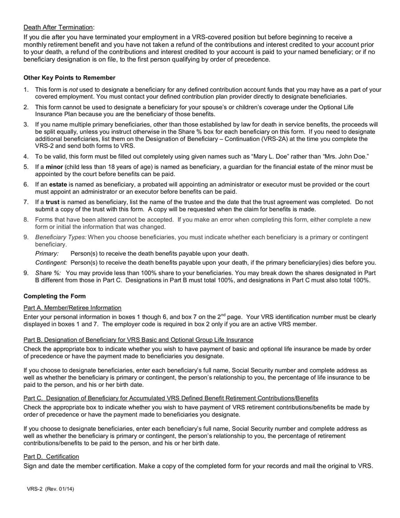 Large thumbnail of Designation of Beneficiary (VRS-2) - Jan 2014