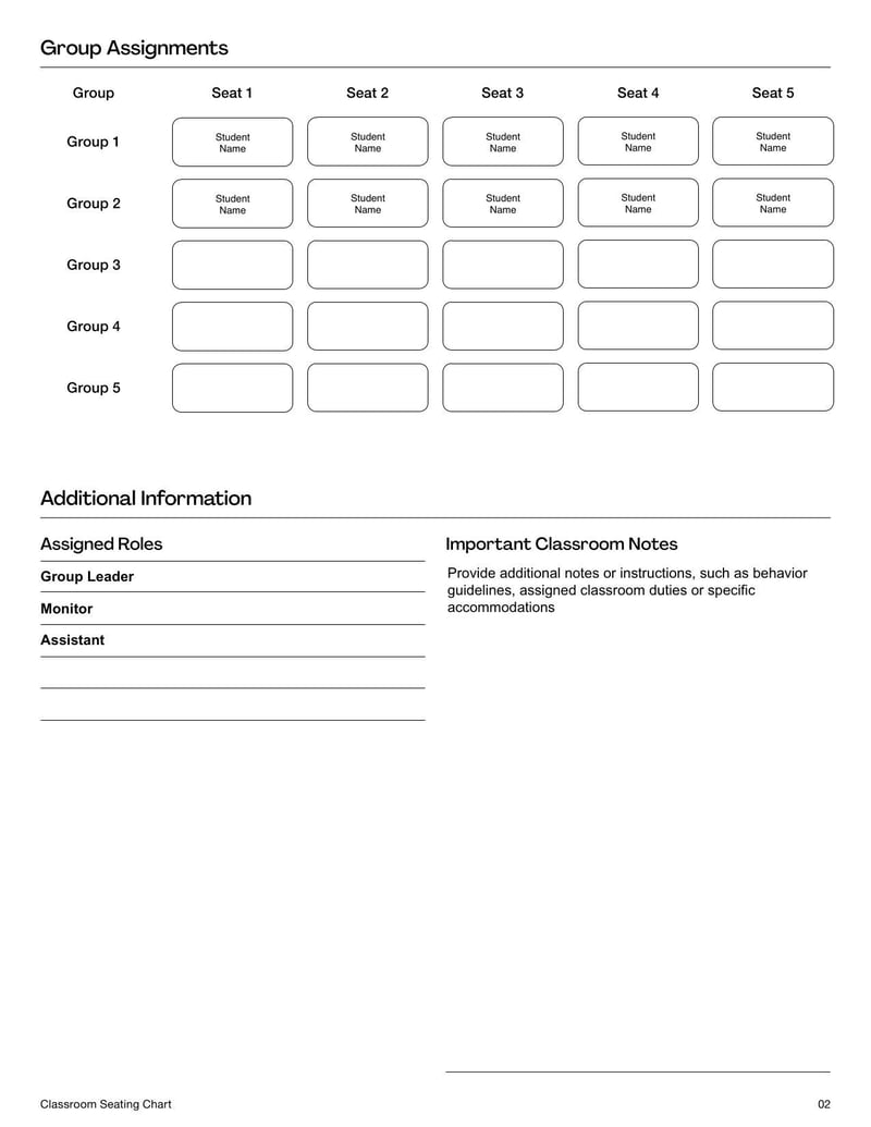 Classroom Seating Chart to organize student seating arrangements