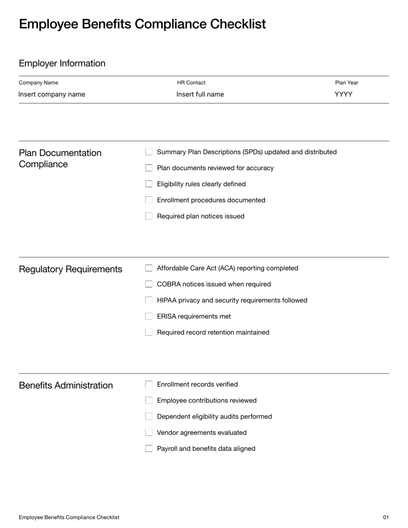 Employee Benefits Compliance Checklist with sections for documentation, regulatory requirements, benefits administration and testing