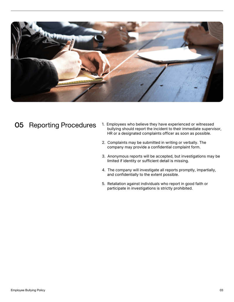 Employee Bullying Policy document outlining definitions, reporting procedures, support, enforcement and sign-off sections