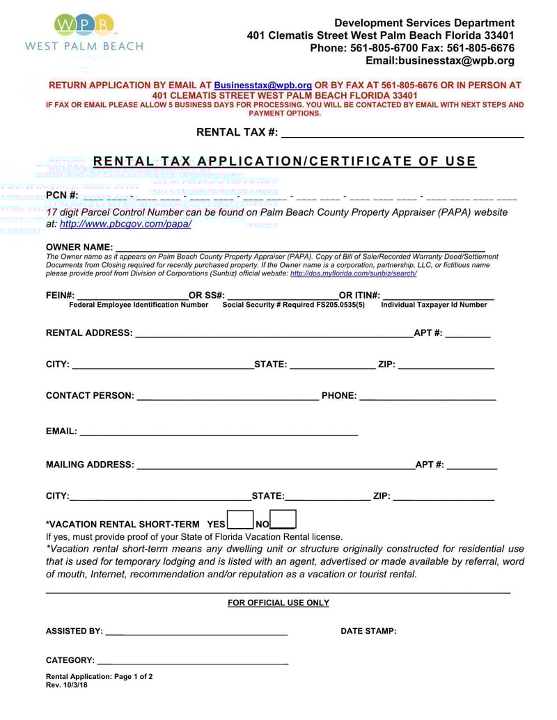 Large thumbnail of West Palm Beach Rental Tax Application/Certificate of Use