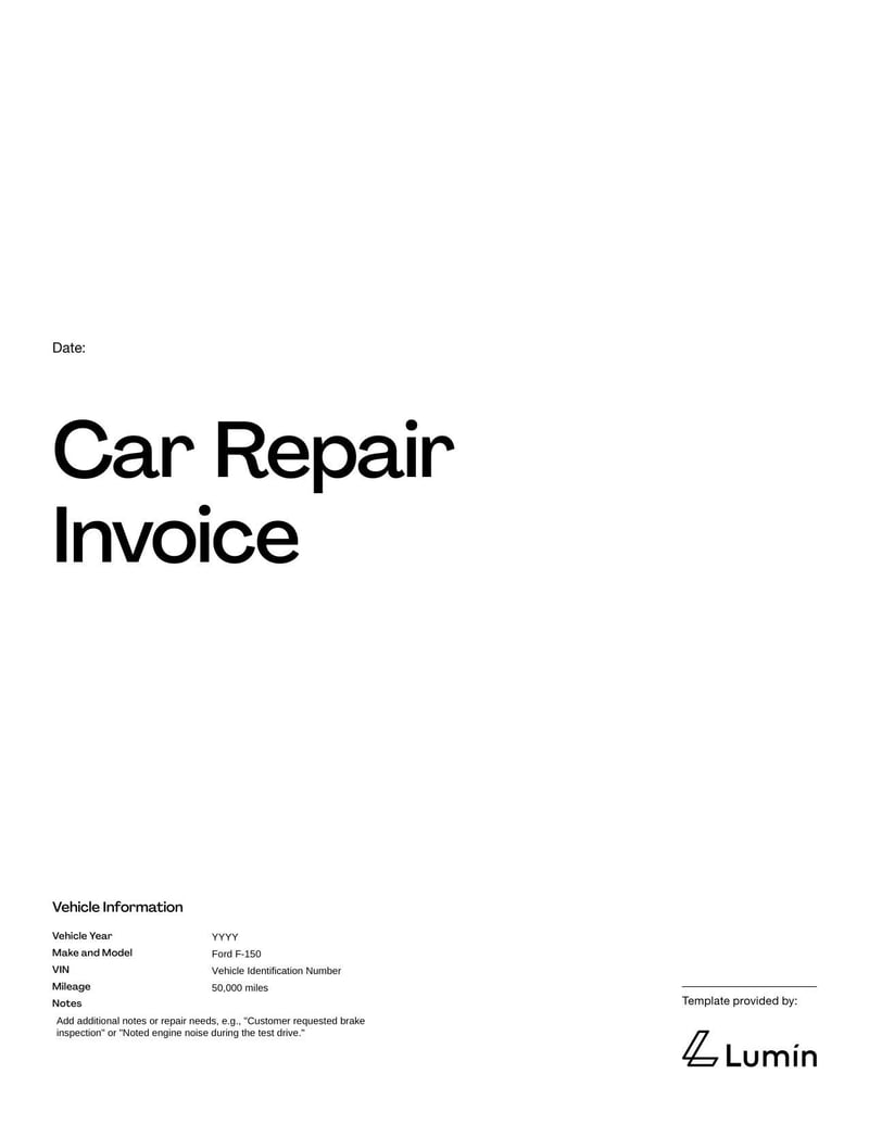 Car Repair Invoice for detailing automotive repair services, parts, and labor costs