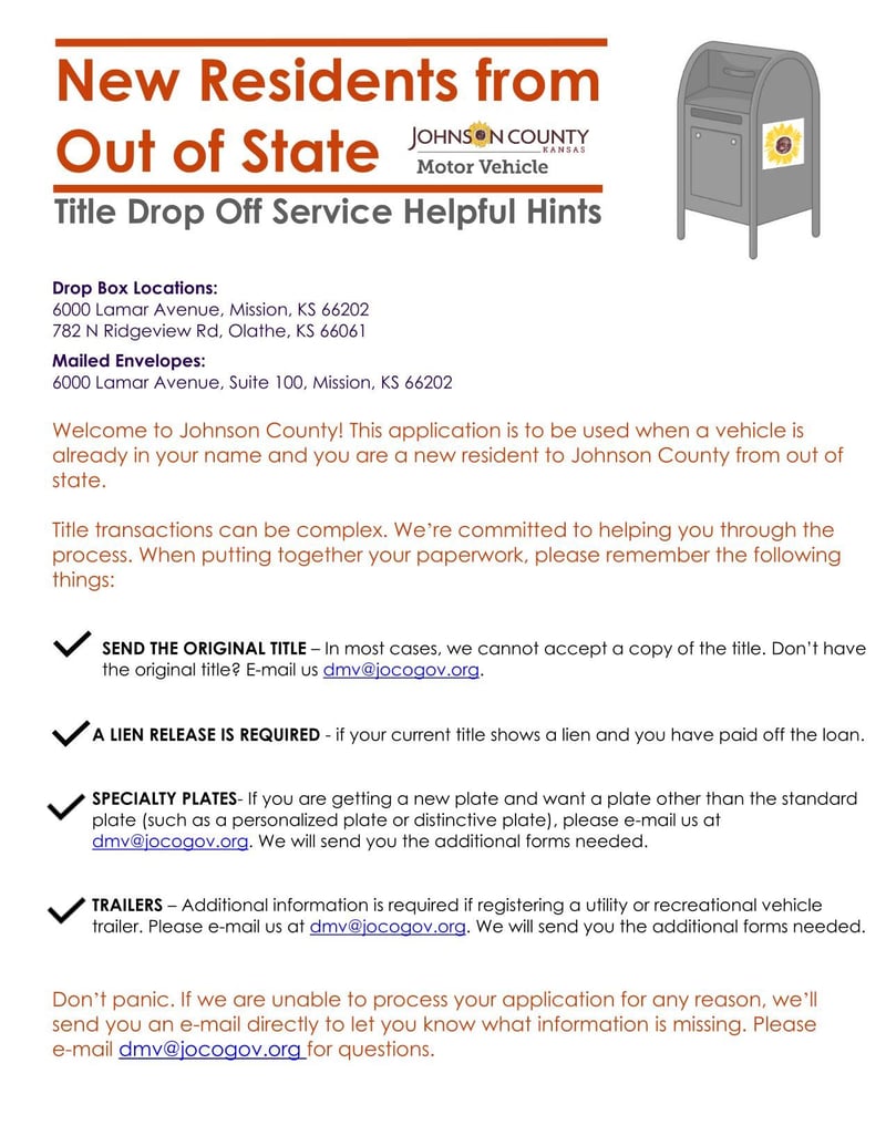 Large thumbnail of Johnson MV Title Drop Off Service Application for New Residents from Out of State