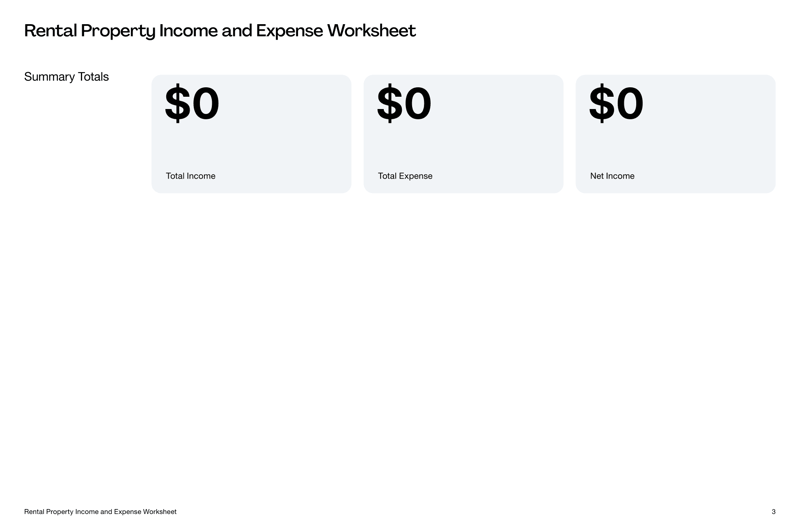 Rental Property Income and Expense Worksheet with sections for income, expenses, property details and net income totals