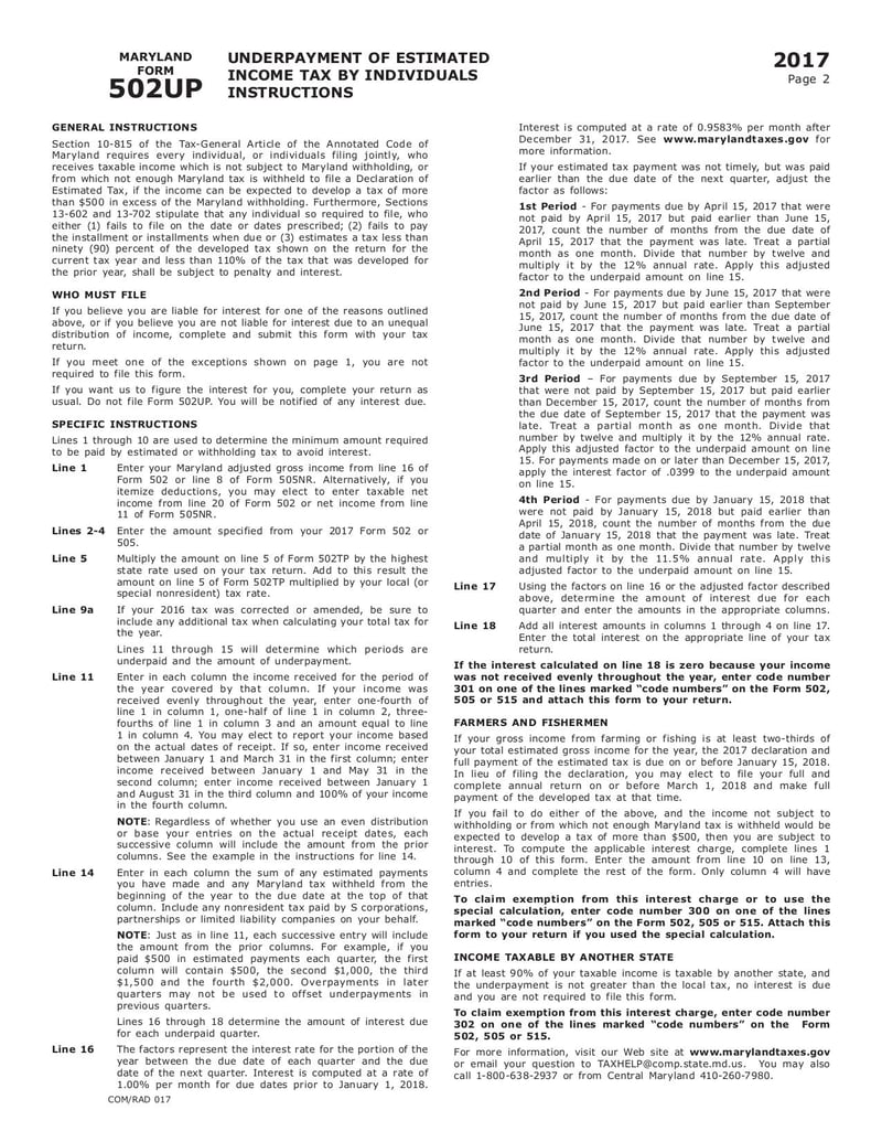 Large thumbnail of Maryland Form 502UP - Underpayment of Estimated Income Tax - Dec 2017