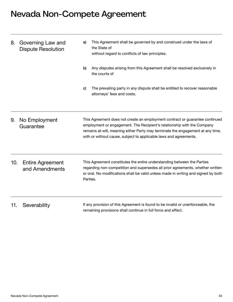 Non-Compete Agreement Nevada template defining post-employment competitive restrictions