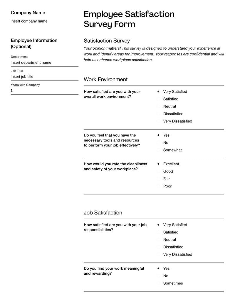 Employee Satisfaction Survey assessing employee contentment with their work environment and job roles