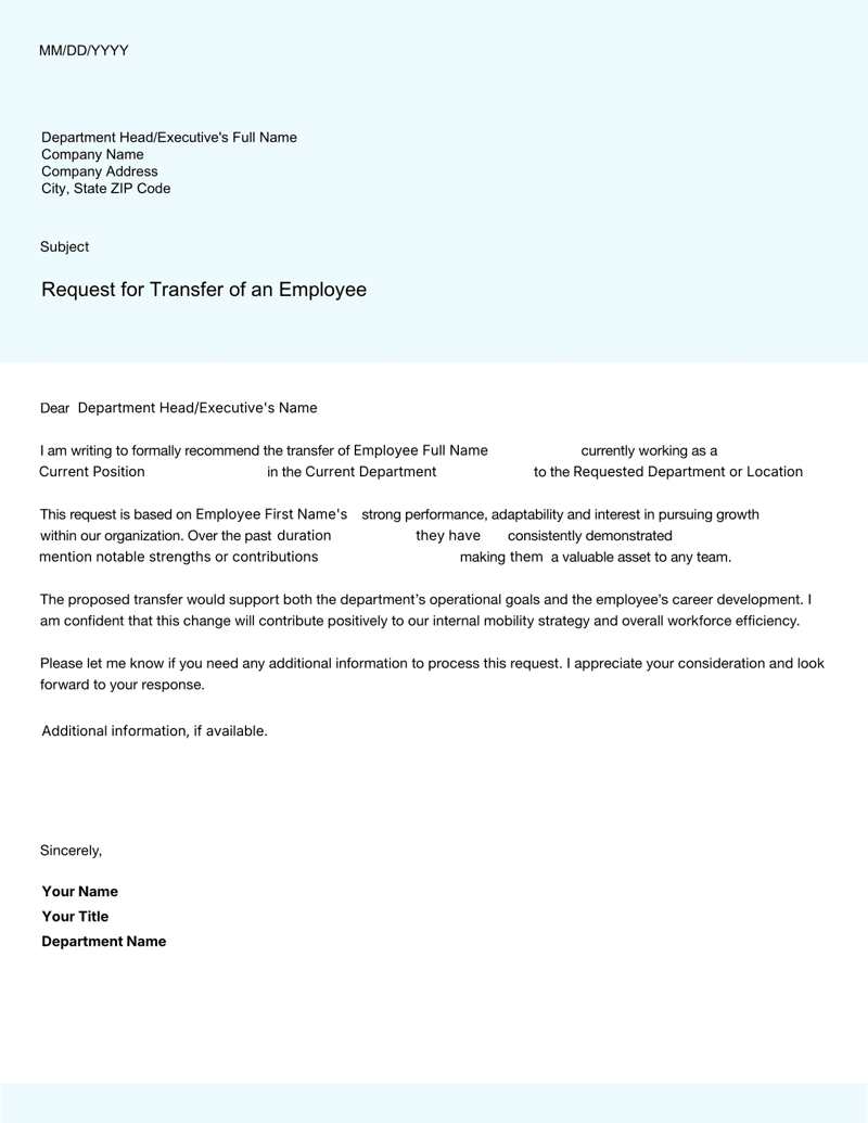 Employee Transfer Request Letter recommending internal transfer with employee name, position, transfer details and manager’s justification