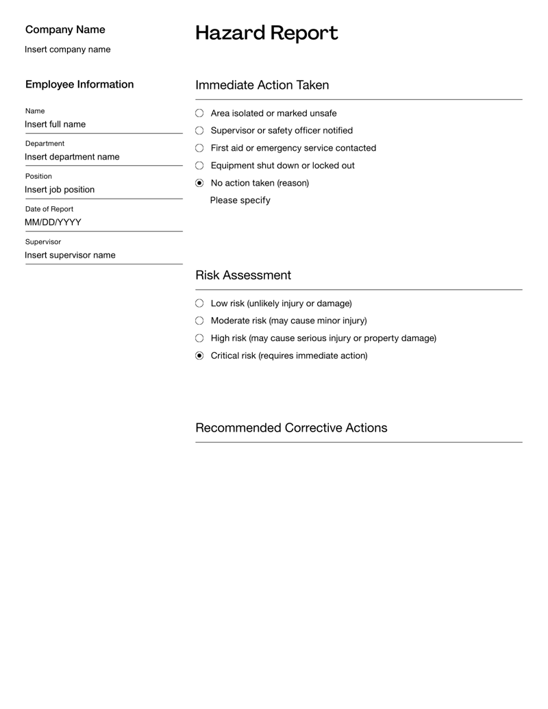Hazard Report form for documenting workplace risks, hazard types, corrective actions and HR follow-up