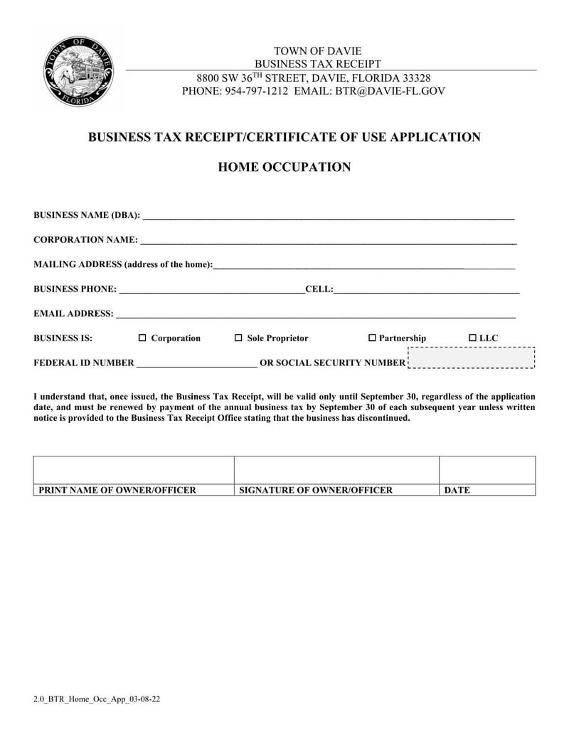 Large thumbnail of Home Occupations Application Checklist and Business Tax Receipt/Certificate of Use (2022)