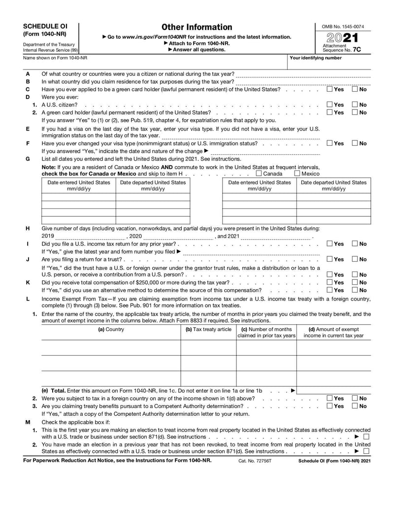 Large thumbnail of Schedule OI (Form 1040-NR) - Jan 2022