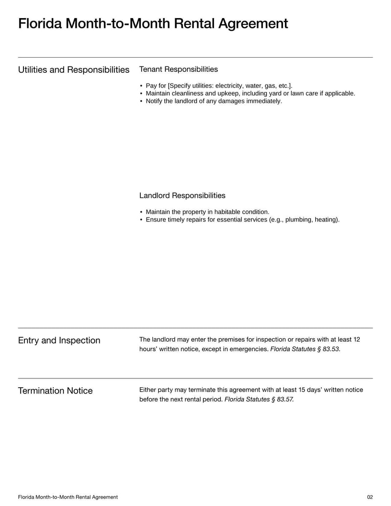 Florida Month-to-Month Rental Agreement for outlining flexible lease terms, rent payments, security deposits, and termination procedures