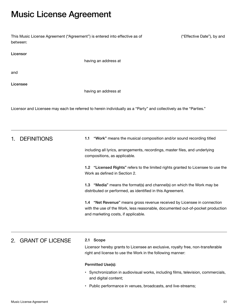 Music License Agreement for granting legal rights to use music under defined conditions