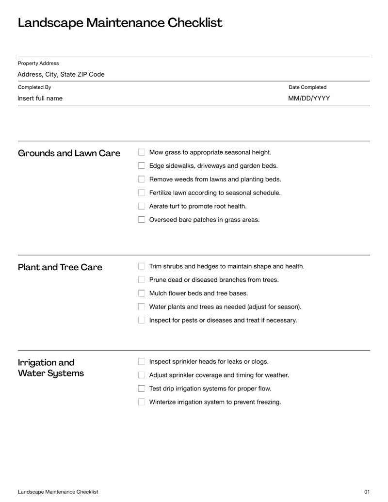 Landscape Maintenance Checklist with sections for lawn care, plant upkeep, irrigation checks and equipment maintenance