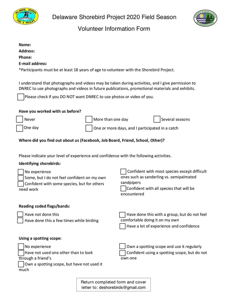 Large thumbnail of Volunteer Information Form Delaware Shorebird Project - Jan 2020