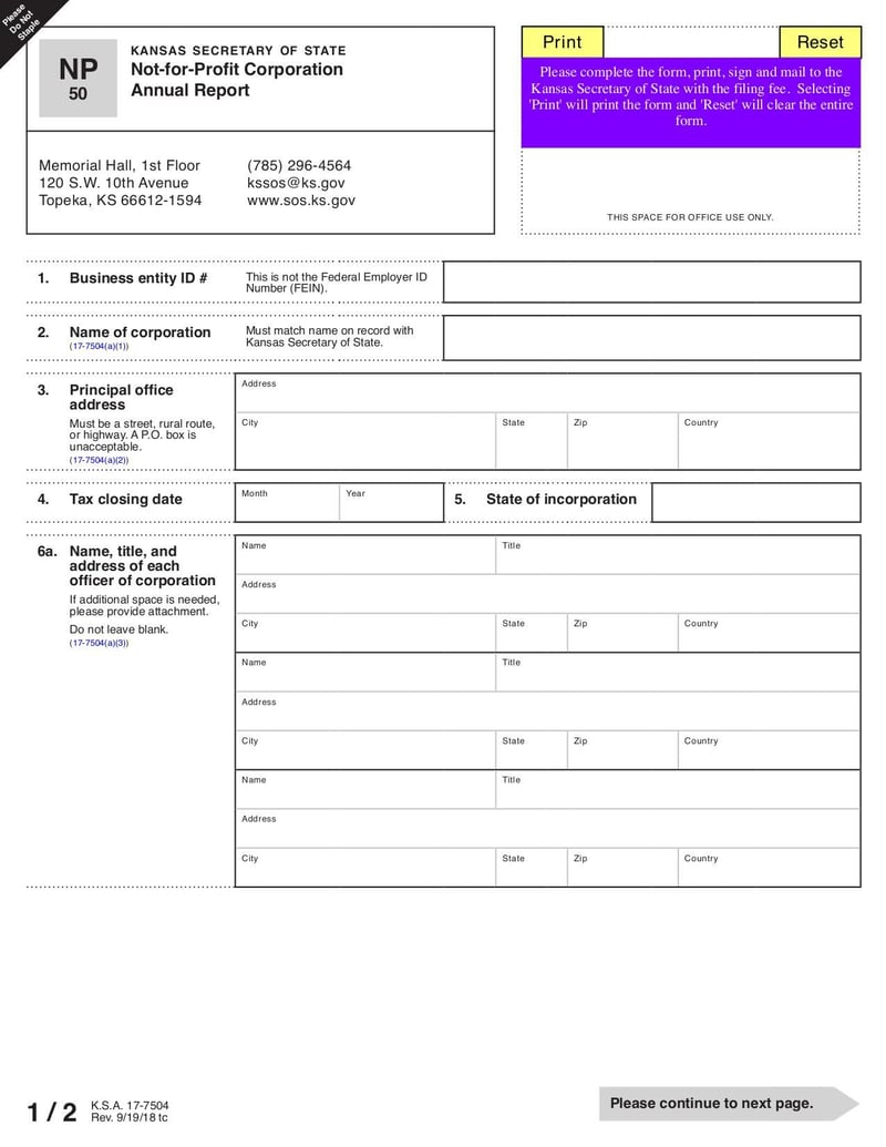 Large thumbnail of Annual Report Not-for-Profit Corporation (Form K.S.A. 17-7504) - Oct 2018