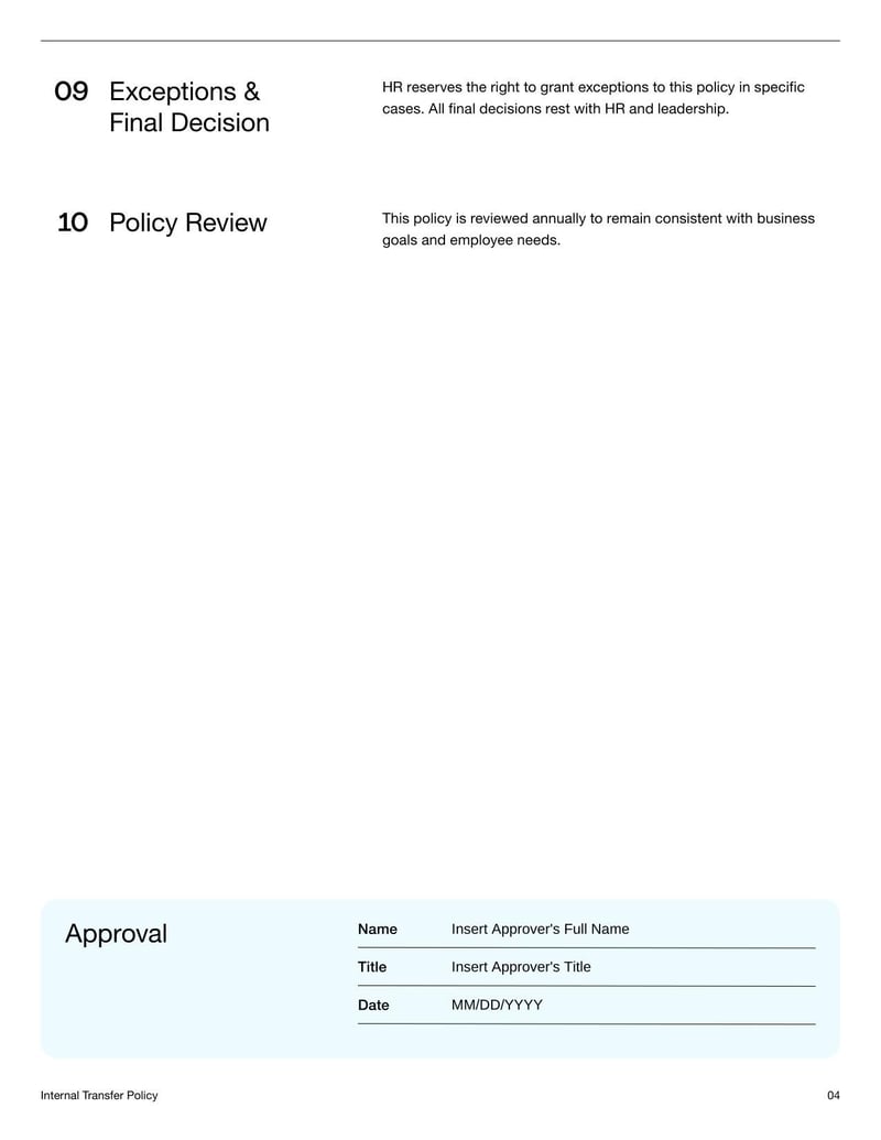 Internal Transfer Policy for guiding employee moves between departments or roles within a company