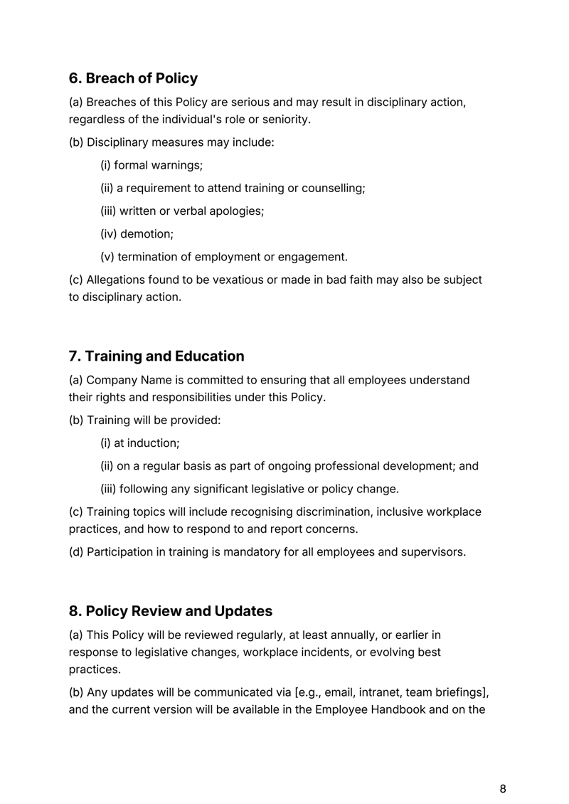 Anti-Discrimination Policy for Australian workplaces covering equality, compliance and complaint procedures