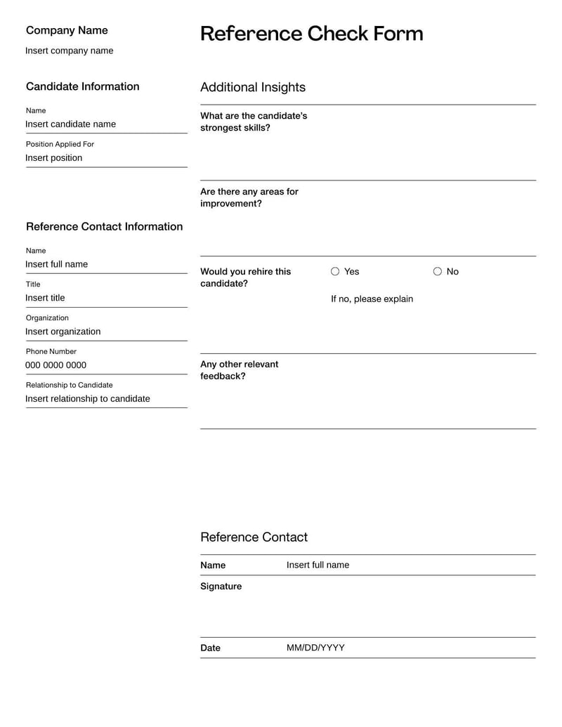 Reference Check Form for verifying candidate qualifications through previous employer feedback