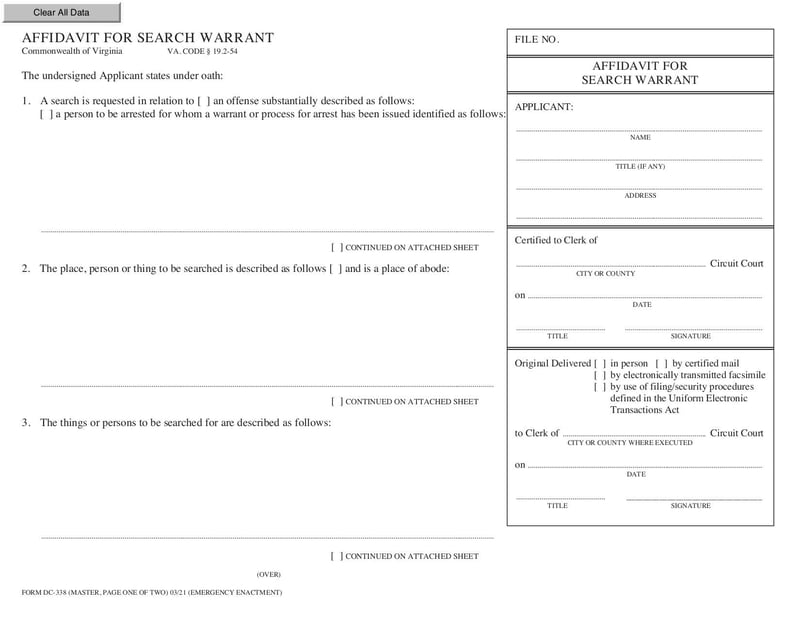 Large thumbnail of FORM DC-338 Affidavit for Search Warrant - Mar 2021