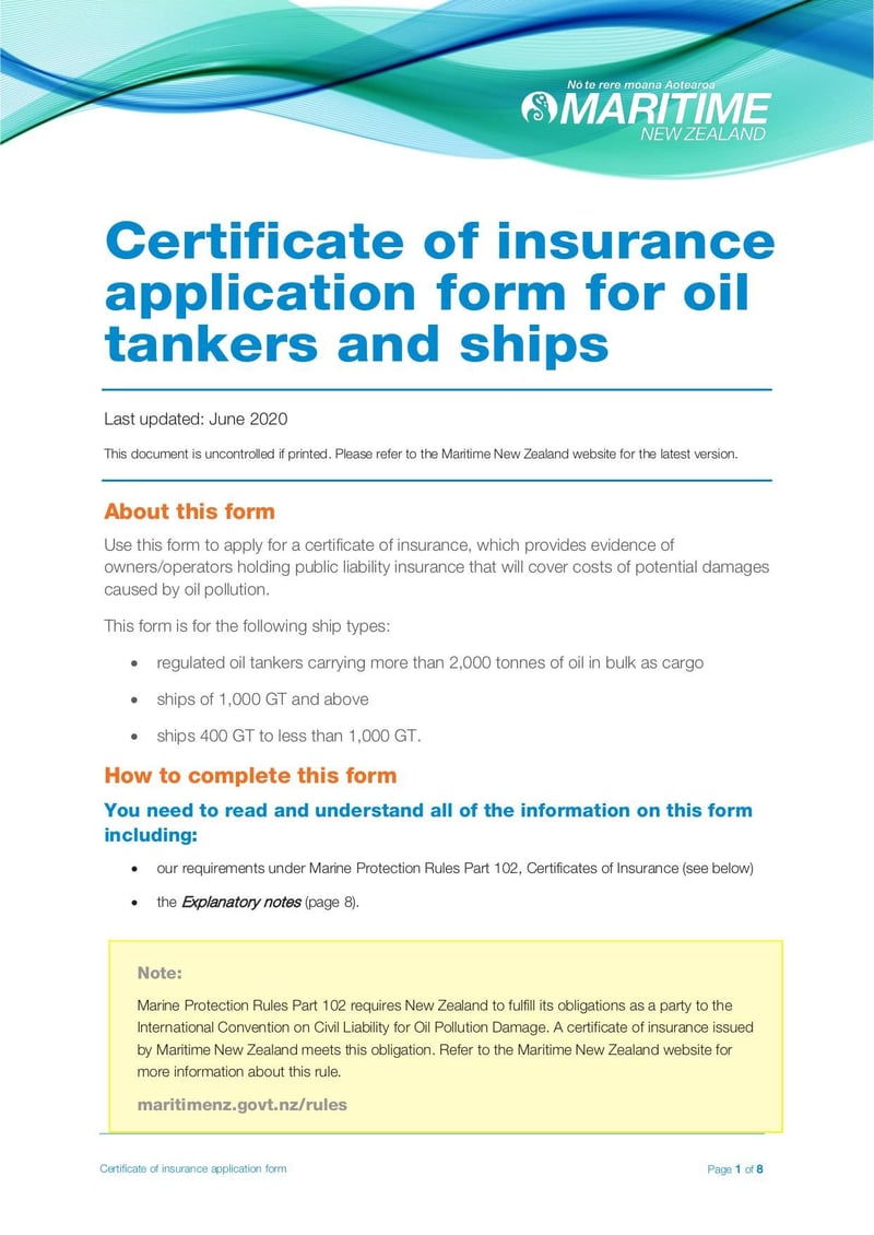 Large thumbnail of Certificates of Insurance Application Form for Oil Tankers and Ships - Jun 2020