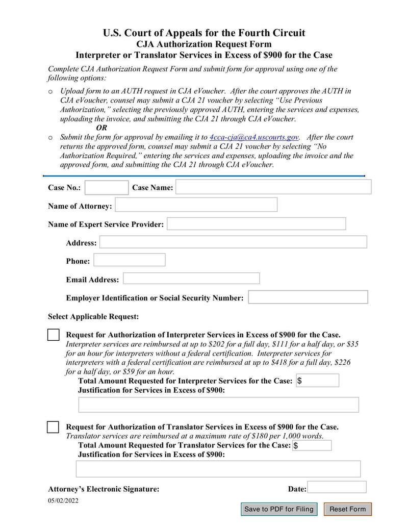 Large thumbnail of CJA Authorization Request Form - May 2022