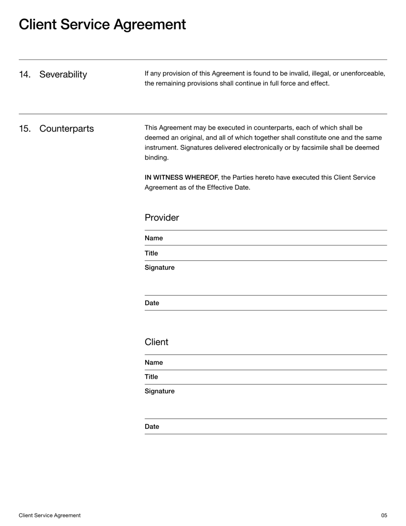 Client Service Agreement covering scope of services, fees, responsibilities and dispute resolution