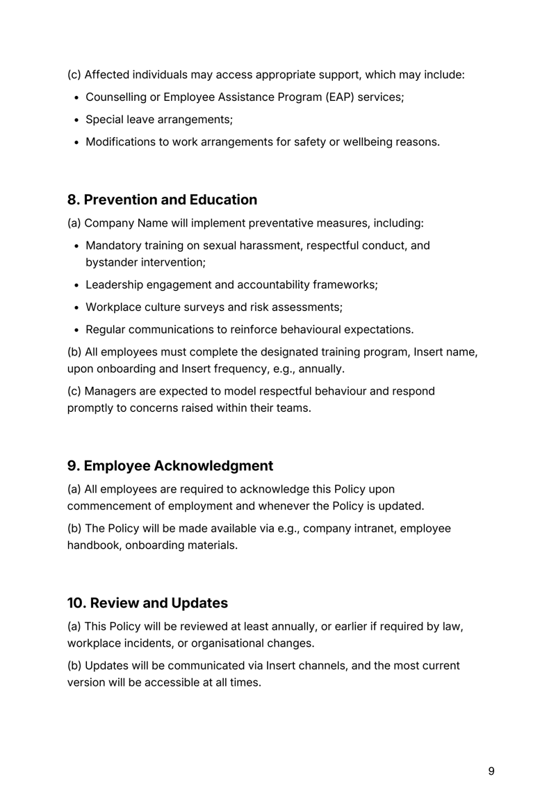 Workplace Sexual Harassment and Assault Policy for Australian organizations addressing compliance, reporting and zero-tolerance standards