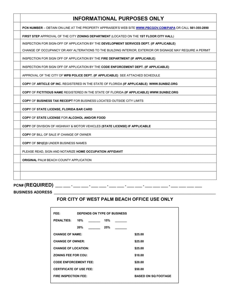 Large thumbnail of West Palm Beach Business Tax Application and Certificate of Use (2016) - Jan 2016