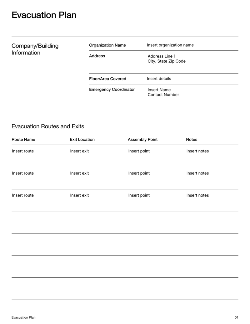Evacuation Plan Template with sections for emergency routes, assigned safety roles and evacuation procedures
