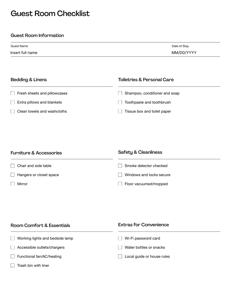 Guest Room Checklist with bedding, essentials and safety items