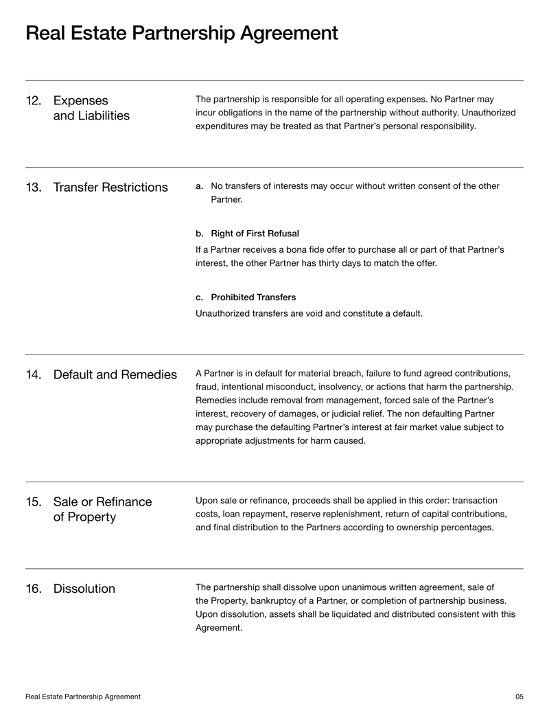 Real Estate Partnership Agreement covering contributions, ownership, management duties and partner rights