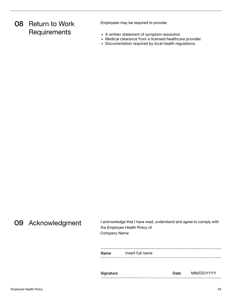Employee Health Policy template with sections for reporting symptoms, workplace restrictions, hygiene rules and signature fields