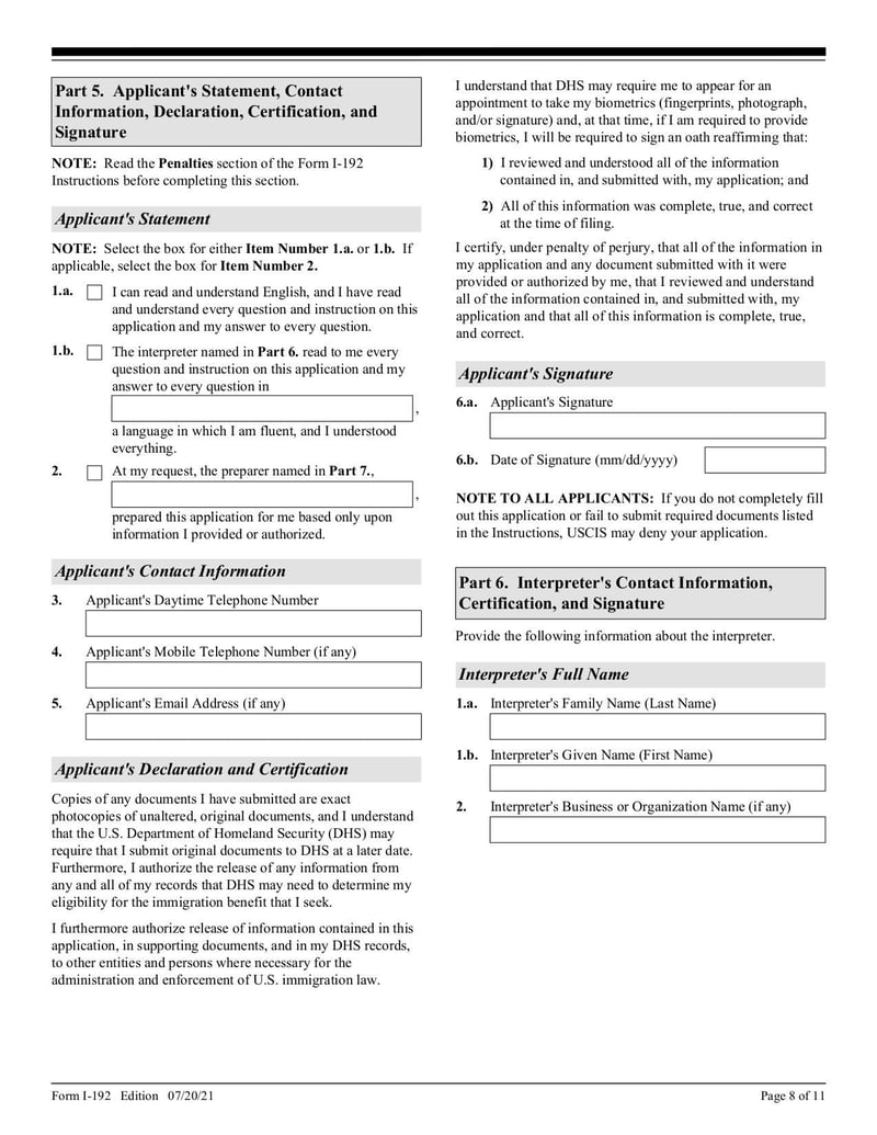 Large thumbnail of Form I-192 - Jul 2021