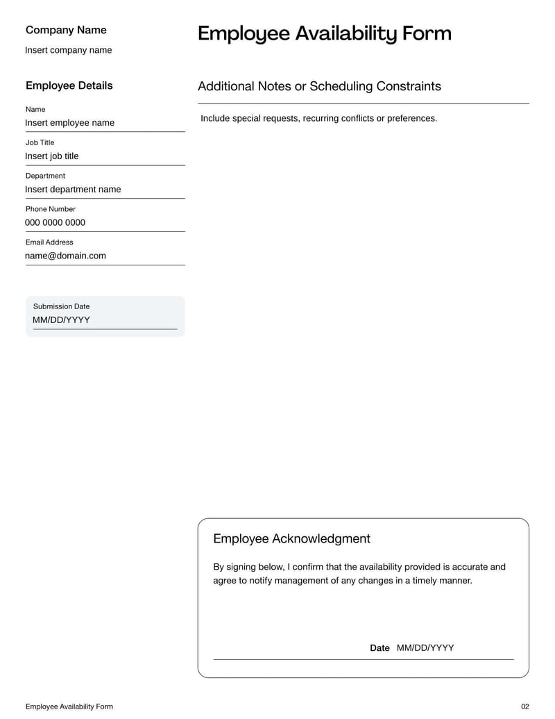 Employee Availability Form for collecting an employee’s preferred working days and hours for scheduling purposes