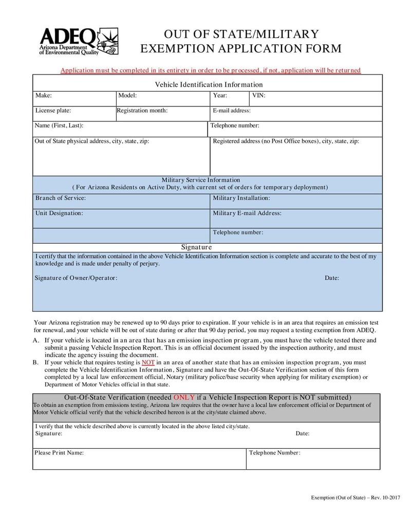 Arizona Out of State/Military Exemption Application Form | Fill 