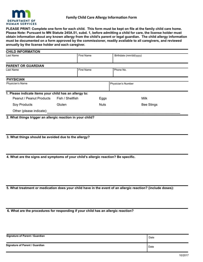 Large thumbnail of Minnesota Family Child Care Allergy Information Form