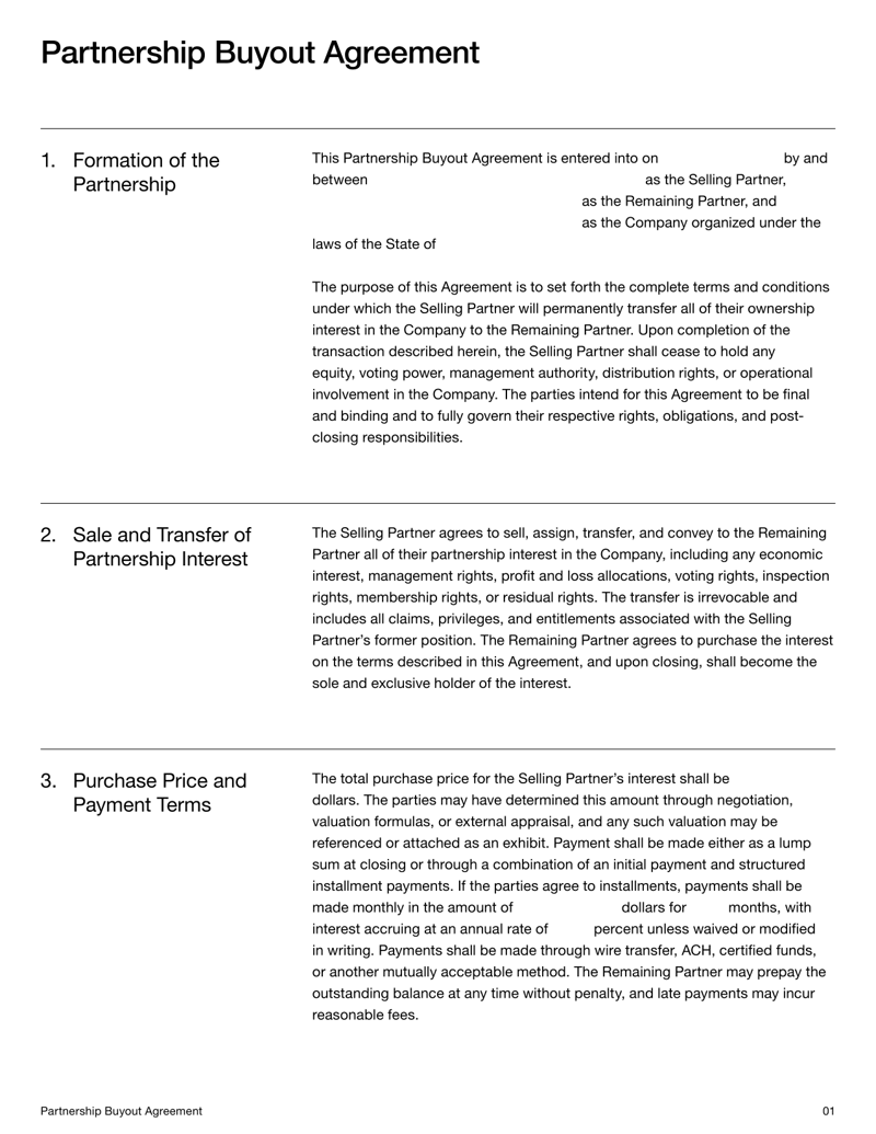 Partnership Buyout Agreement detailing the terms for purchasing a partner’s interest, valuation, payment terms, and transfer of ownership under US law