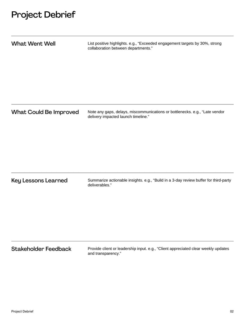 Project Debrief Template for reviewing project outcomes, identifying successes and pinpointing areas for improvement