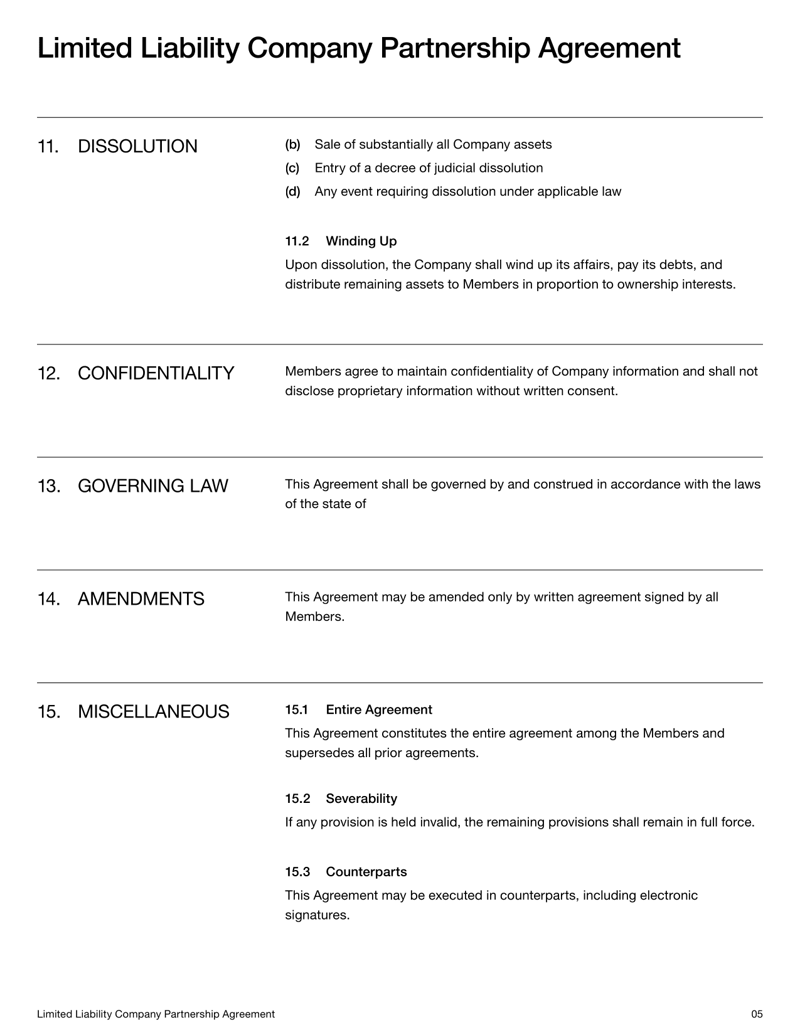 Limited Liability Company Partnership Agreement governing member ownership, management authority and dissolution procedures