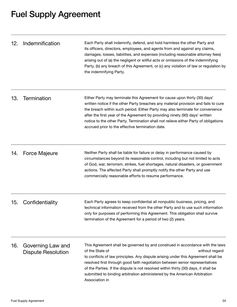Fuel Supply Agreement detailing fuel delivery, pricing, quality standards and dispute resolution