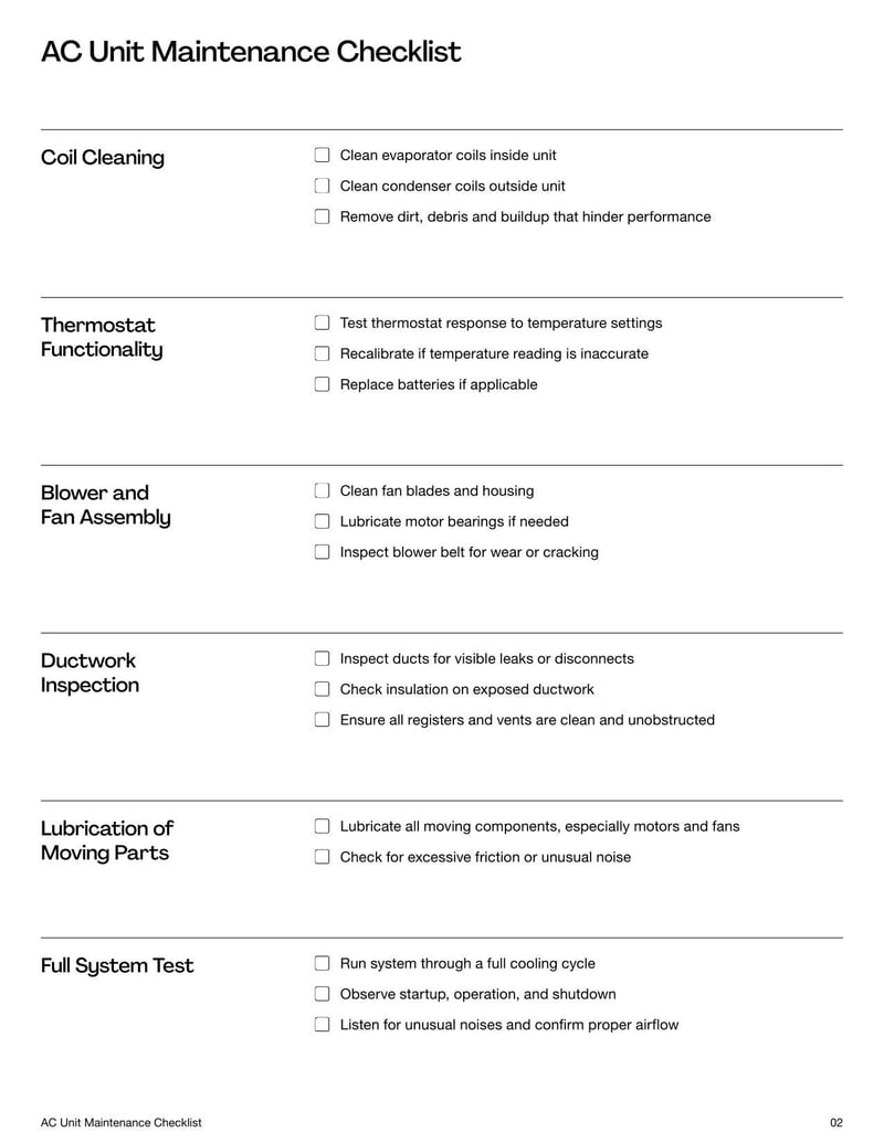 AC Unit Maintenance Checklist for tracking regular air conditioning servicing tasks