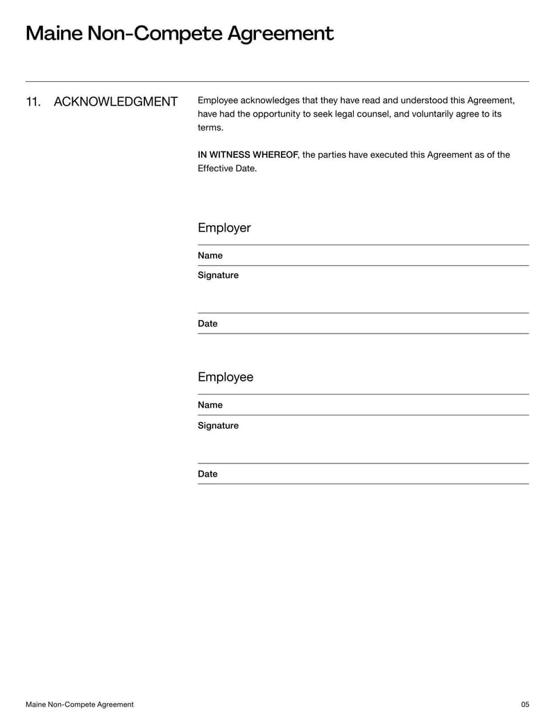 Non-Compete Agreement Maine for specifying employment restrictions on competitive work within the state’s legal limits